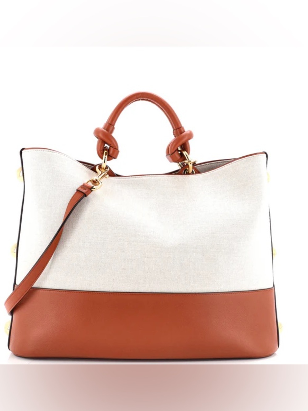 Salvatore Ferragamo Glam Tote Bag Canvas Leather Tote Bag in Cream and Tan NEW